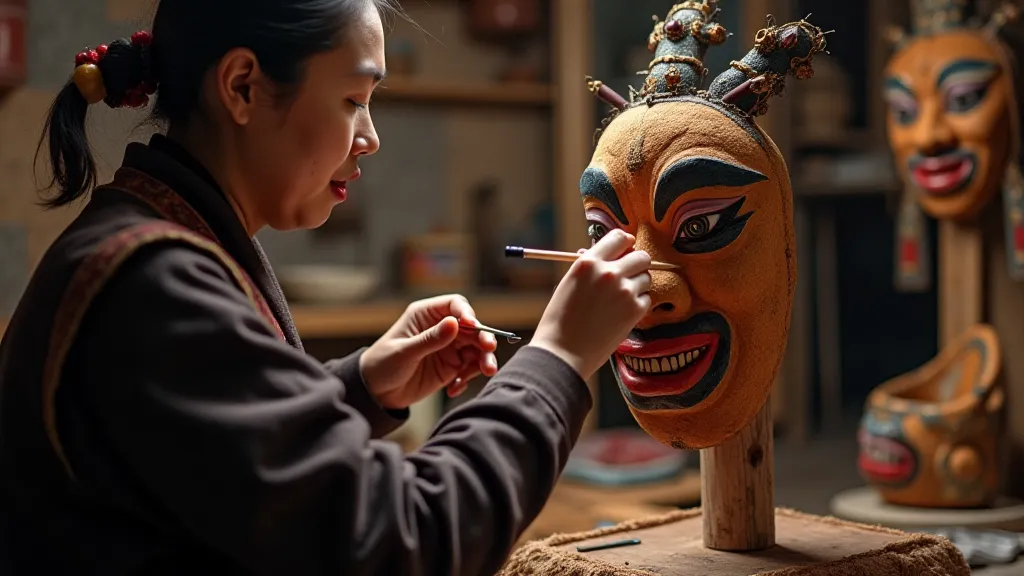 Tibetan artisan painting a mask