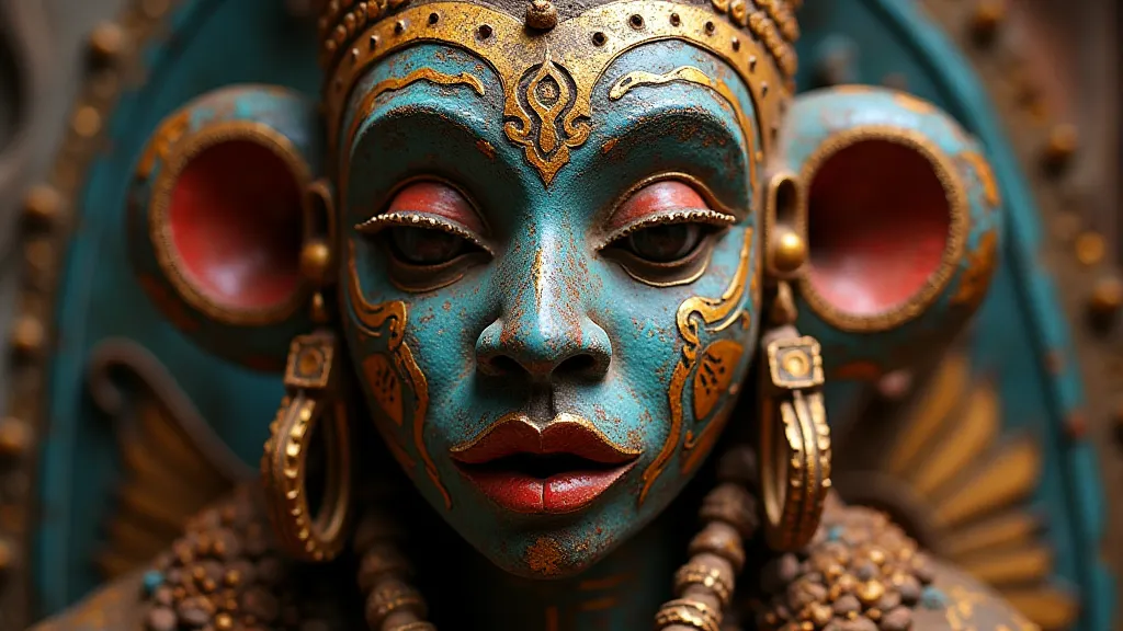 A gold leaf Ashanti mask, Ghana, with intricate detailing and vibrant colors.