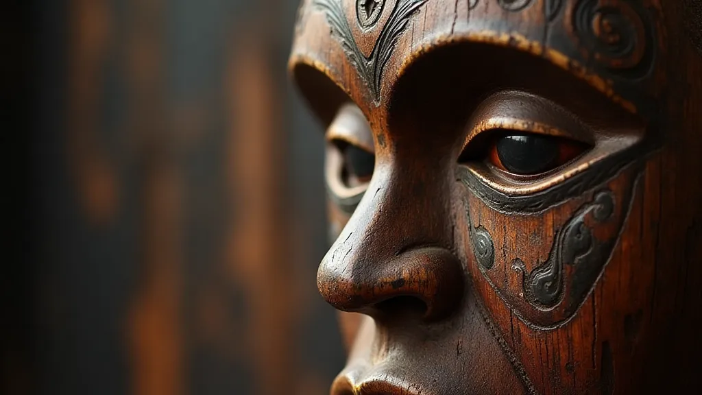 A close-up view of a Bwamba mask, highlighting the intricate carvings and natural pigment details.