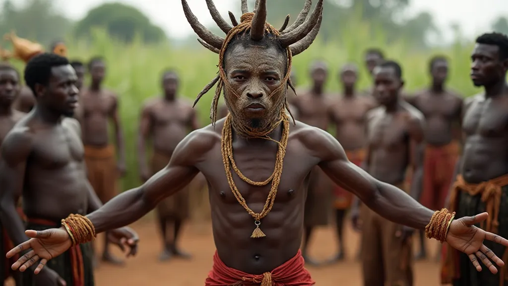 A Bwamba mask dancer performing a ritual dance in traditional attire.