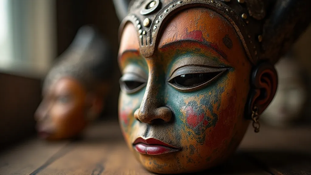 A full view of a Bwamba mask, showcasing its intricate carvings and natural materials.