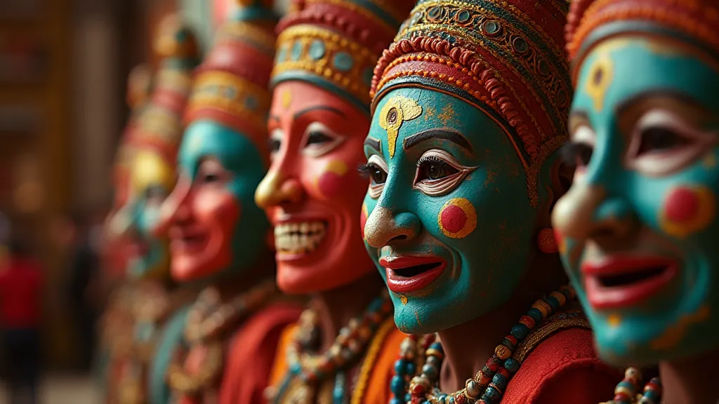 Several colorful Haitian masks displayed, intended for use in a vibrant dance performance.