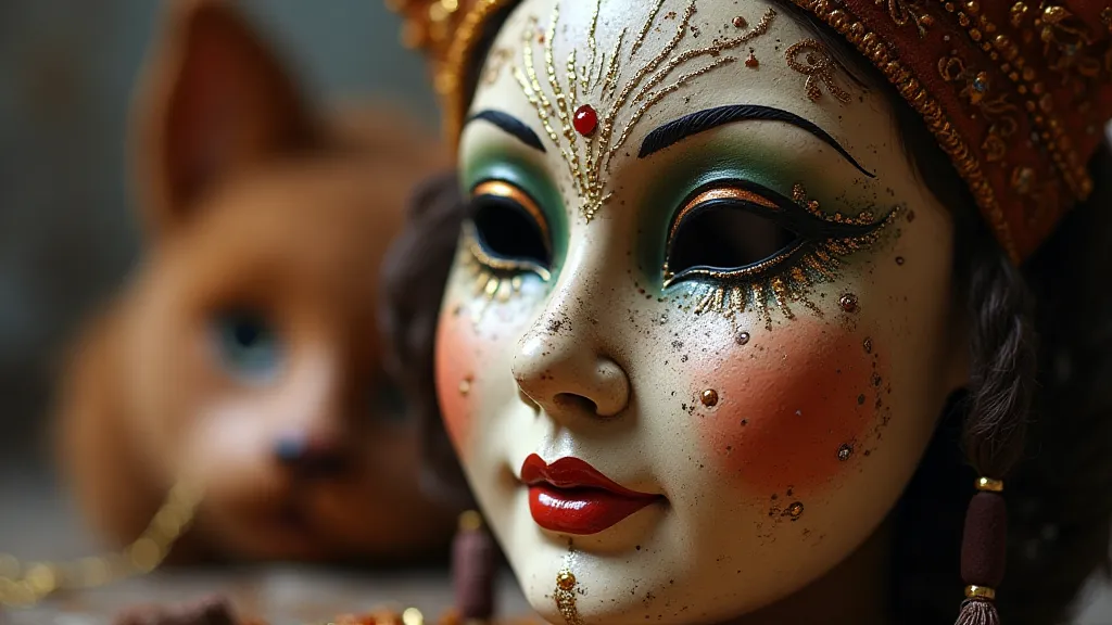Close-up of a hand-painted and decorated Russian Shrovetide mask.