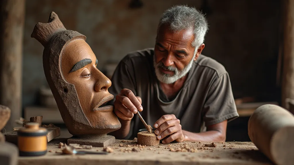 A Haitian artisan meticulously carving a wooden mask, demonstrating traditional techniques.