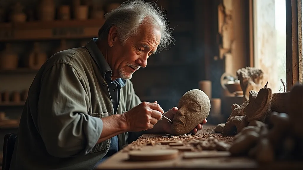 Elderly mask maker carving a mask.