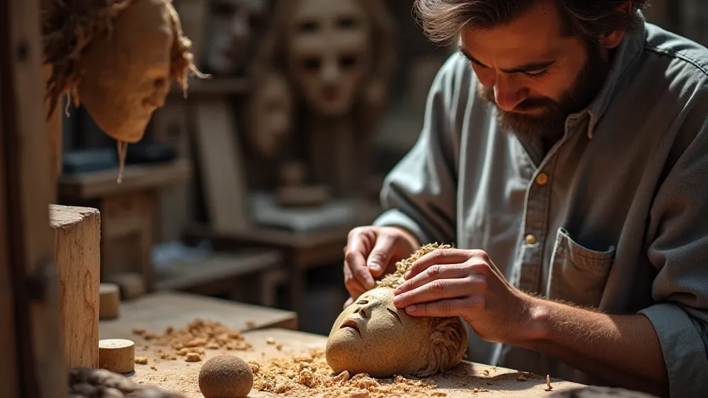 Artisan carving a wooden mask