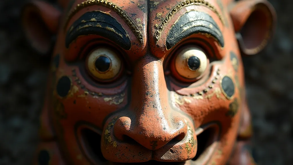 Close-up of a traditional Mayan jaguar mask.