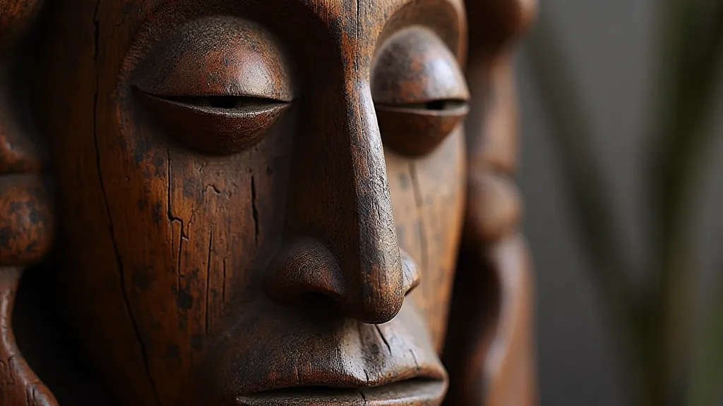 A detailed view of a carved wooden Mende mask from Sierra Leone, depicting a long, elegant face with intricate details.