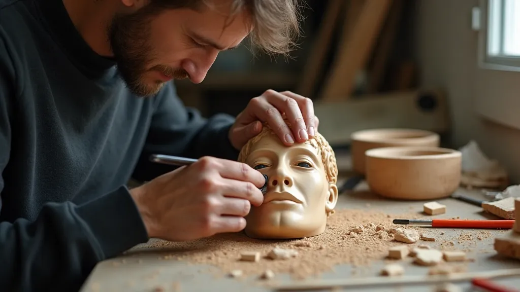 Modern mask maker working on a wooden mask