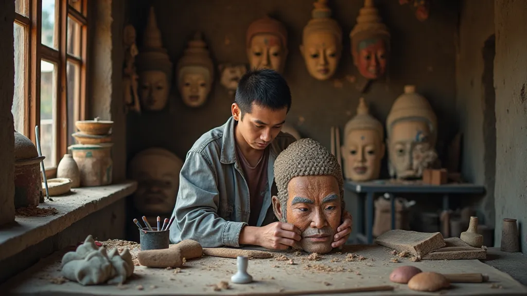 Artisan creating a Phi Ta Khon mask