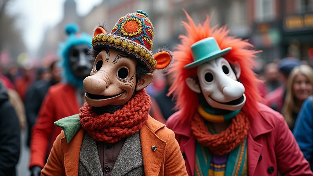 A group of people wearing traditional Russian Shrovetide masks during a parade.