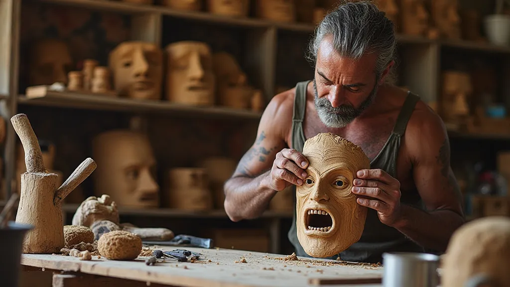 Mask craftsman carving a wooden mask