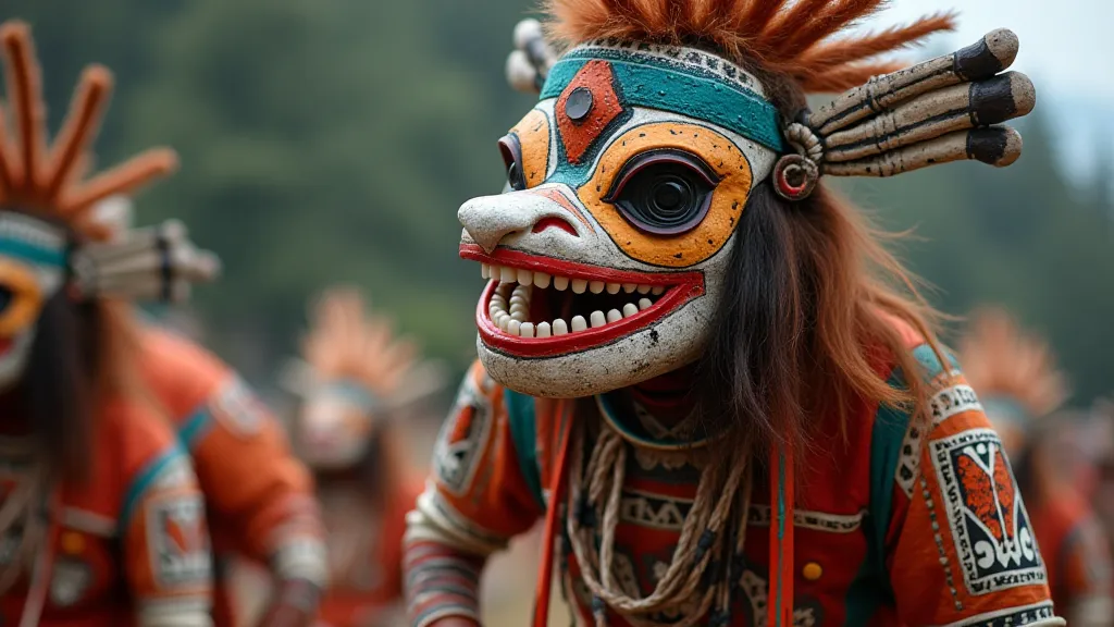 A Tlingit dancer wearing a vibrant mask during a ceremonial performance.