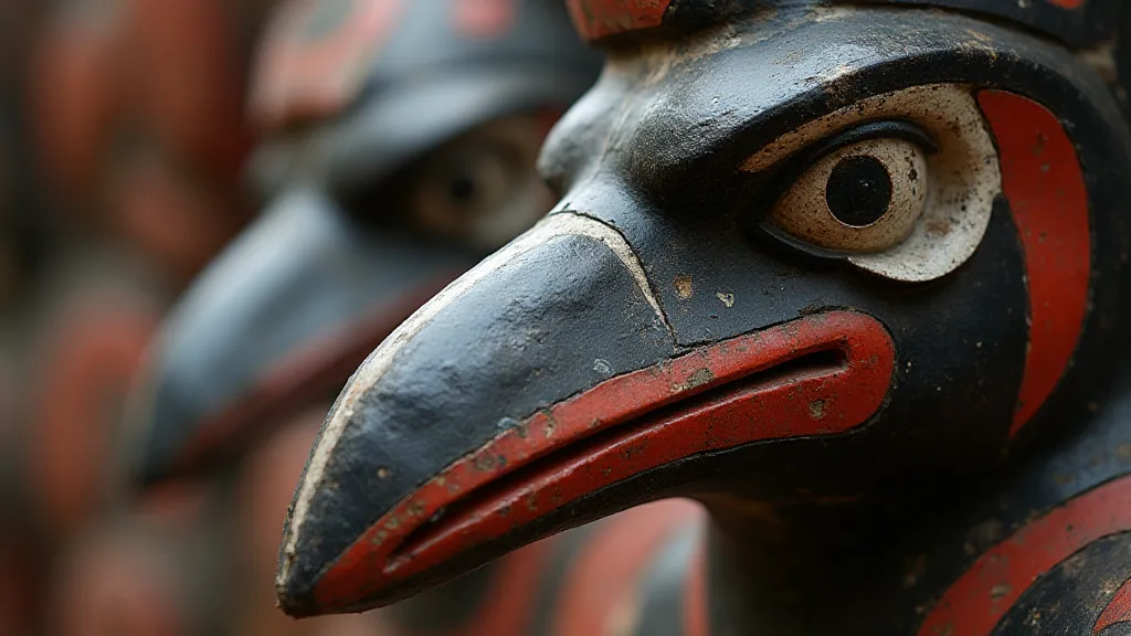 A close-up of a brightly painted Tlingit raven mask with detailed carving and expressive eyes.