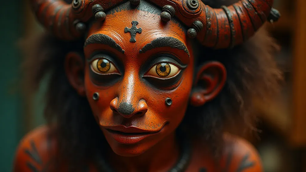 Close-up of a vibrant, wooden Vodou mask depicting a Lwa, with intricate carvings and painted details.